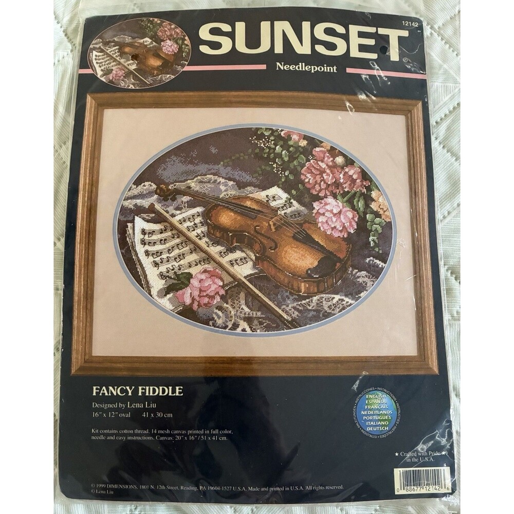 Vintage 1999 Sunset Needlepoint Kit Fancy Fiddle Lena Liu Violin 16x12 Oval